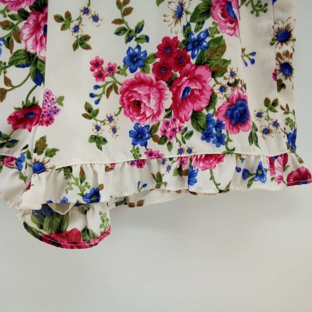 Forever 21 White Floral Ruffle Shorts Pink Blue Flowers L Spring Hidden Zipper - Picture 7 of 9